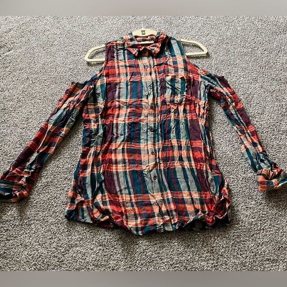 SILENCE & NOISE Size L Rust Green Teal Plaid Flannel Cold Shoulder Shirt Rc$59 - Picture 1 of 6